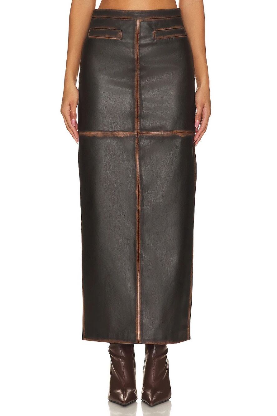 L'Academie Bo Maxi Skirt Faux Leather Distressed Streetwear Party Fall Winter XS